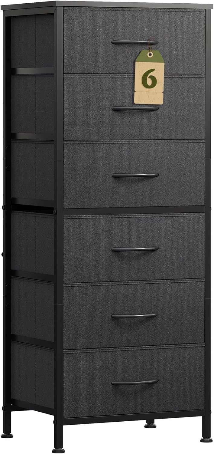 WLIVE Black Tall Dresser for Bedroom, 6 Drawer Dressers & Chests of Drawers, Fabric Dresser for Closet, Living Room, Night Stand with Metal Frame, Storage Tower with Fabric Bins, Wood Top
