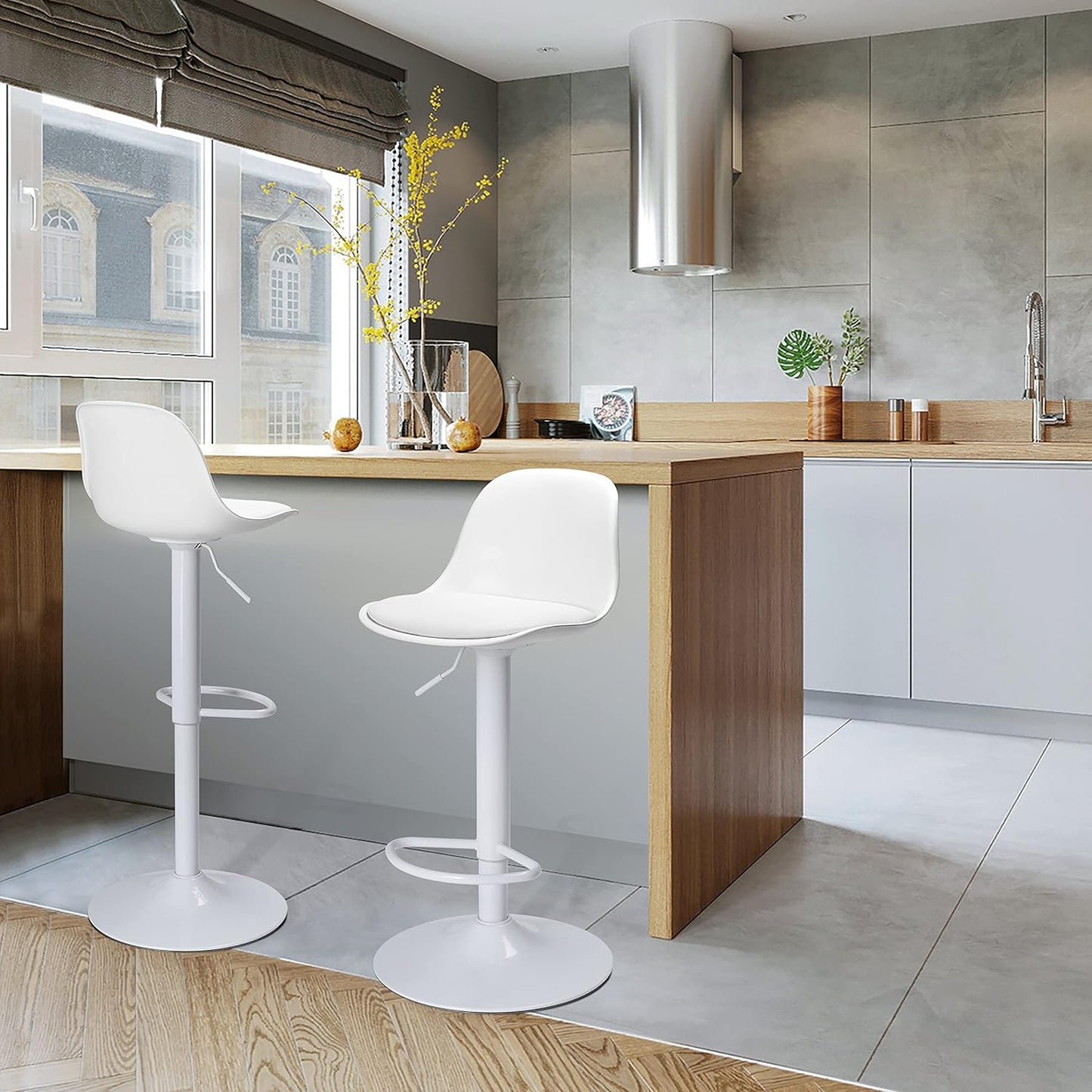 Finnhomy Bar Stools Set of 2, Swivel Barstools with Footrest and Ergonomic PP Back, Counter Height Adjustable Modern Counter Stools for Kitchen, White