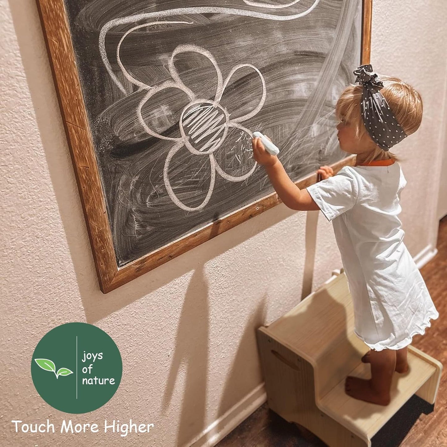 WOOD CITY Toddler Step Stool for Kids, Wooden Two Step Children's Stool with Handles, Bonus Non-Slip Pads for Safety, Bathroom Potty Stool & Kitchen Step Stools Dual Height