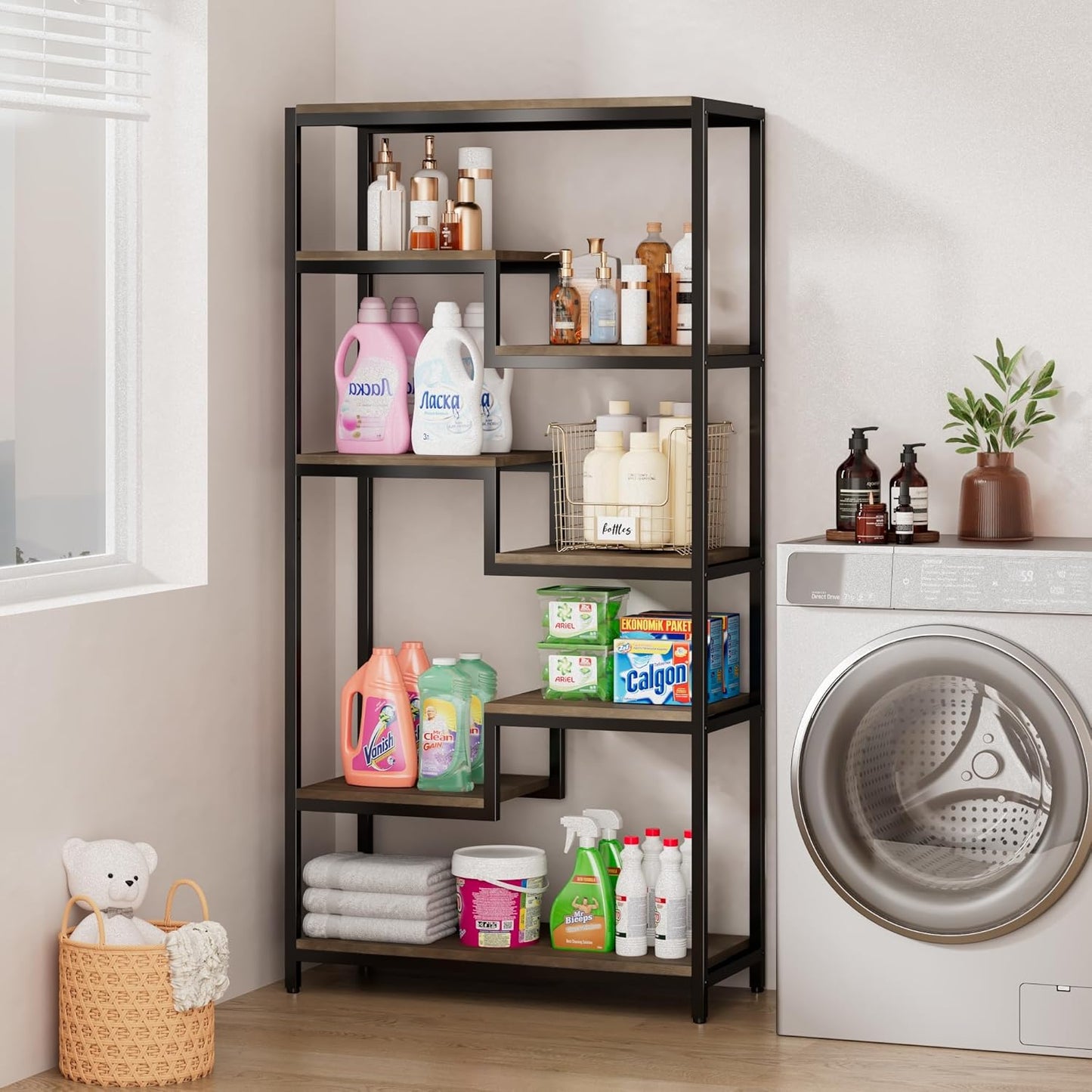 Solid Wood Industrial Tall Bookshelf - 7 Tier Staggered Bookshelves, 55’’H Rustic Brown Vintage Bookcase, Free Standing Open Bookshelf, Shelving Units Organizer for Bedroom Office Living Room.