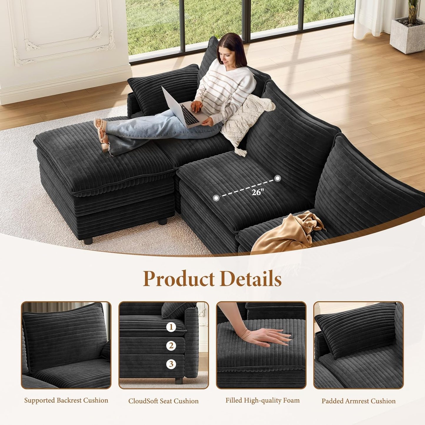 Vesgantti 142" U Shaped Sectional Couch, Comfy Cloud Modular Sectional Sofa with 2 Ottoman Deep Seat Corduroy Modern Cloud Sofa, Modular Sofas for Living Room, Bedroom and Apartment, Gray