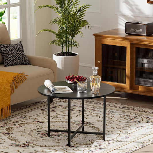 Round Coffee Table, Small Coffee Tables for Living Room, Wood Coffee Table with Metal Frame, Floor Table Desk for Sitting on The Floor, Home, Office, Farmhouse, Black (23.6" D x 17.7" H)