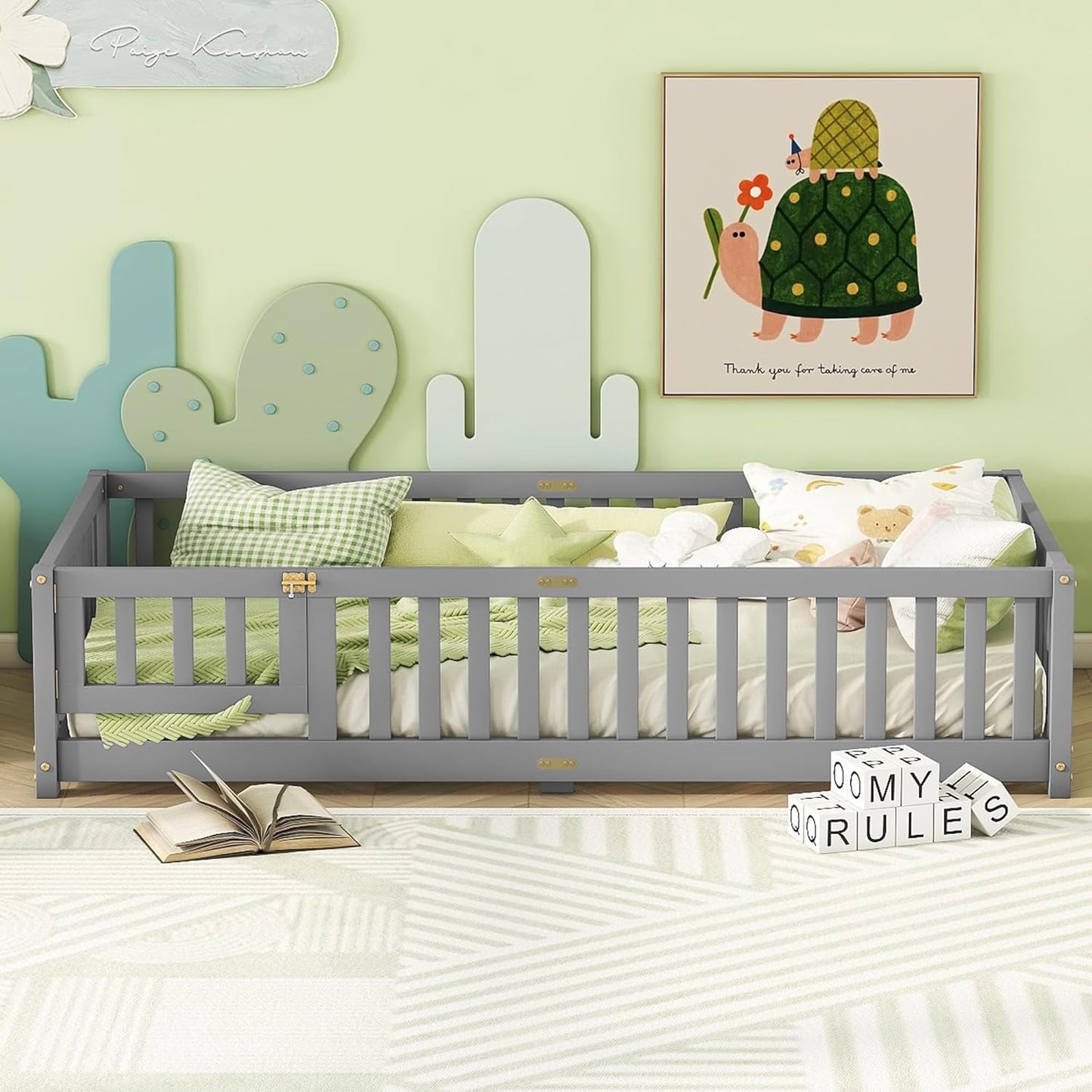 Bellemave Twin Floor Bed with Slats and Safety Guardrails, Kids Montessori Floor Beds with Fence and Door, Easy Assemble Floor Bed for Kids, Girls, Boys, Gray