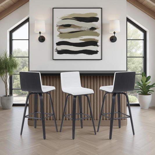 Vienna Modern Swivel Bar Height Stool with Snow White Faux Leather Seat and Black Brushed Wood Frame Set of 4