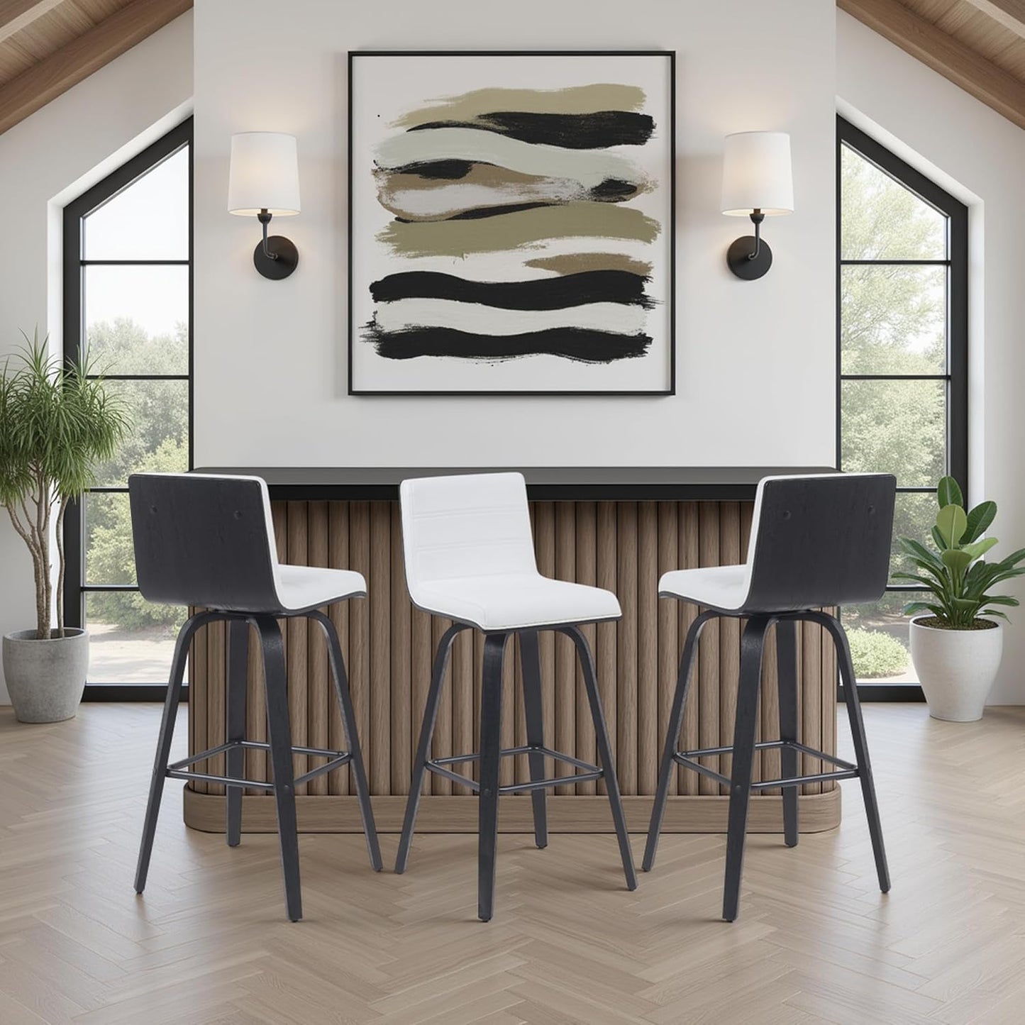 Armen Living Vienna Modern Swivel 30" Bar Height Barstool with White Faux Leather and Black Wood Finish