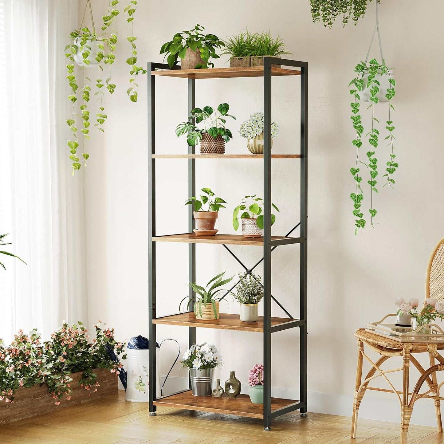 Casaottima Book Shelf, 5 Tier Bookshelf, Modern Wood Bookcase Shelves for Bedroom, Industrial Display Shelf for Living Room Home Office Kitchen, Standing Shelving Unit Storage Organizer, Vintage