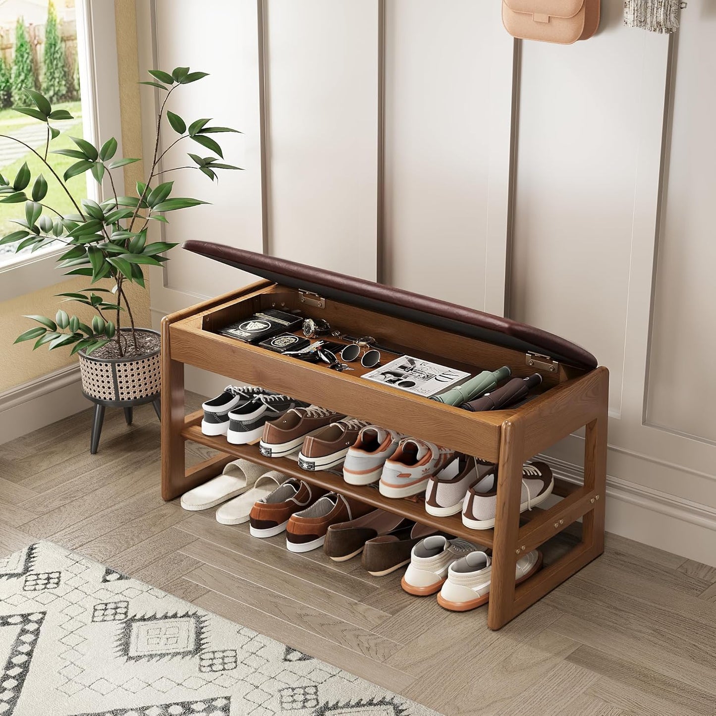 Shoe Rack Bench Seat Rubberwood 2-Tier Wooden Storage Bench 550lbs Compact Mid-Century Modern Design for Entryway, Hallway, Closet, Front Door Entrance, Foyer