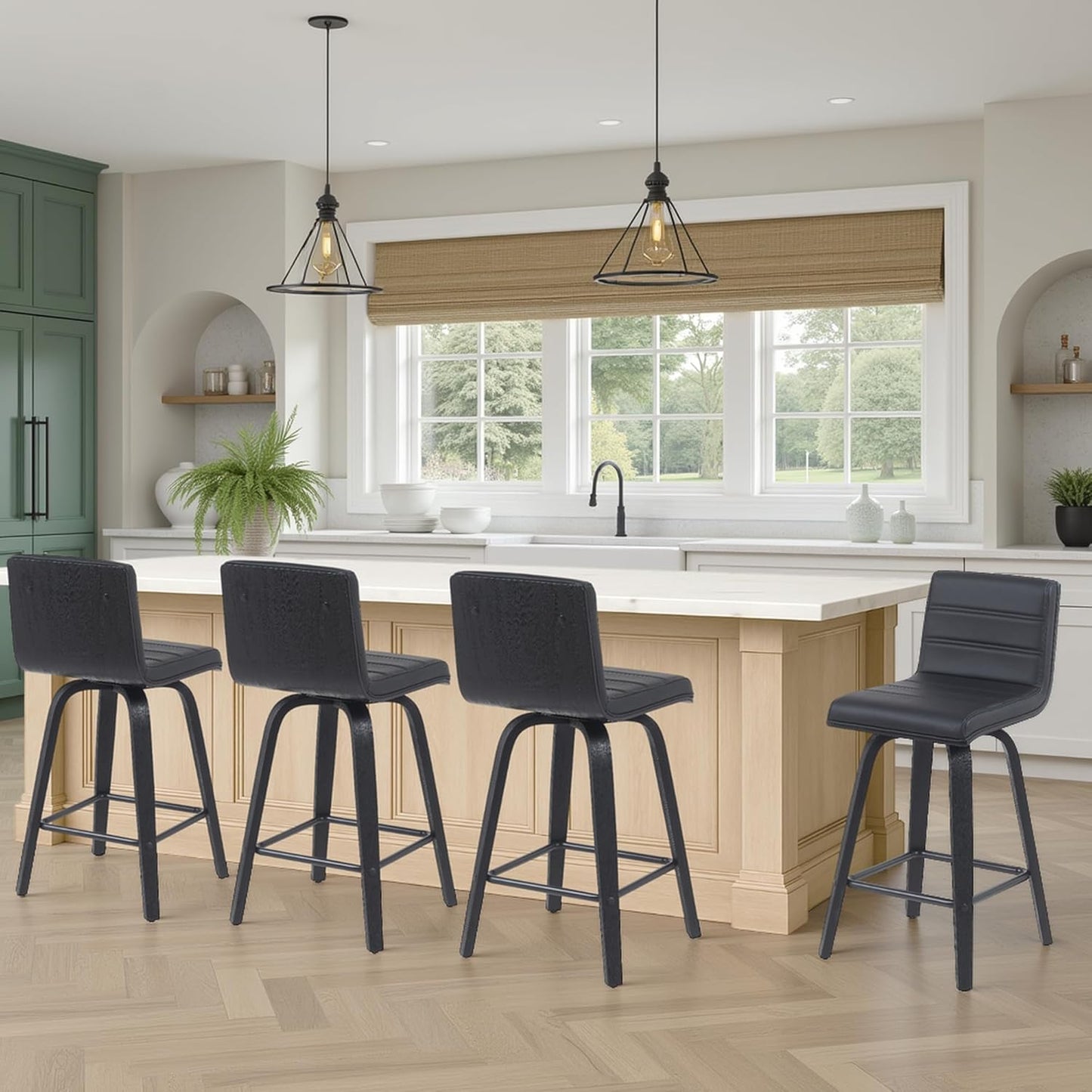 Vienna Modern Counter Height Swivel Bar Stool with Black Faux Leather Seat and Black Brushed Wood Frame Set of 3