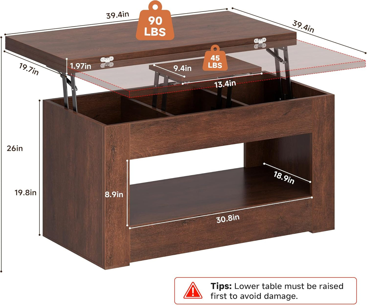 40" Lift Top Coffee Table, 4 in 1 Multi-Function Lift Coffee Table with Storage and Hidden Compartment, Convertible Coffee Tables to Dining Table for Living Room, Walnut