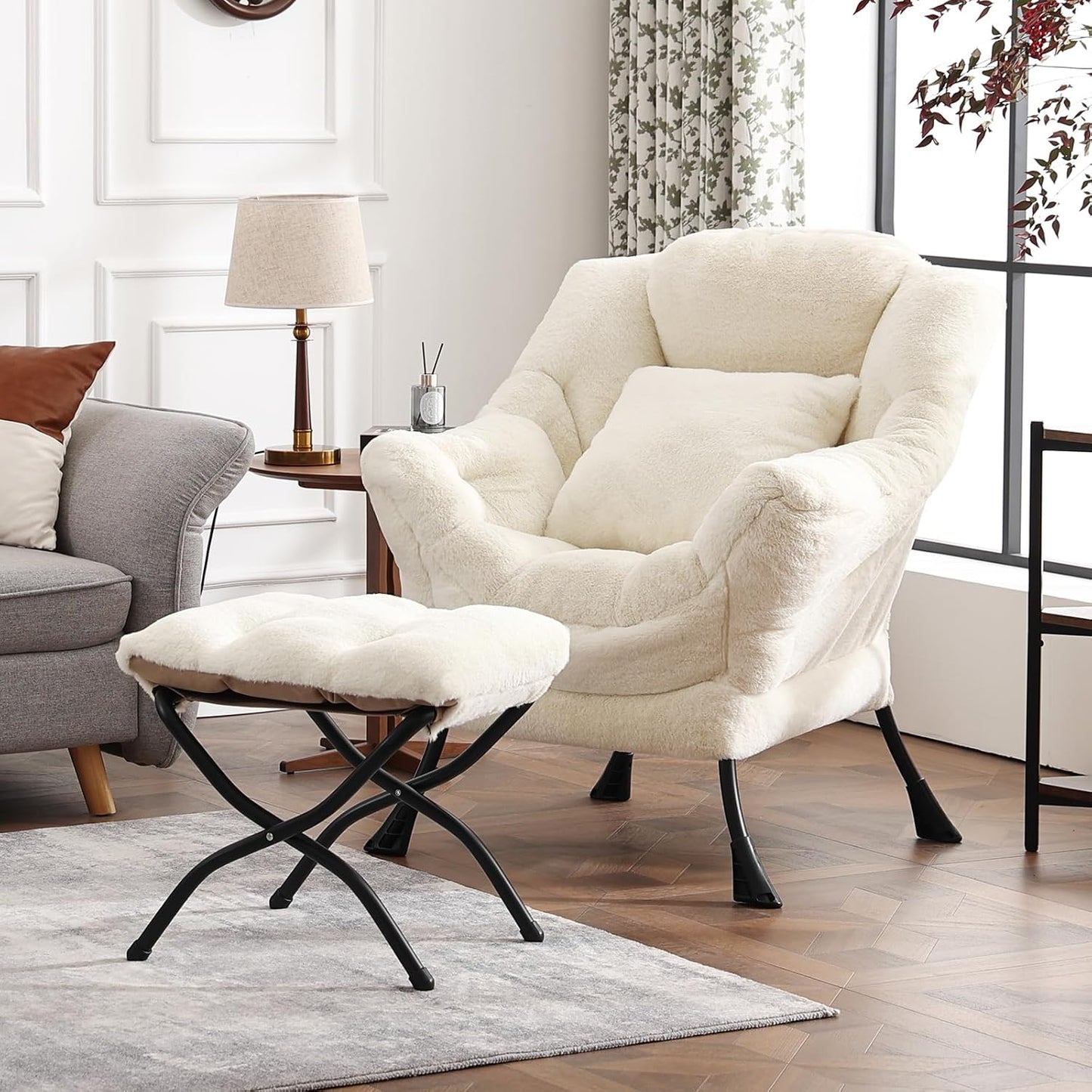 Large Lazy Chair with Ottoman, Accent Reading Chair with a Throw Pillow, Cozy Lounge Chair with Armrest, Leisure Sofa Chair for Living Room, Bedroom, Dorm, Plush Ivory