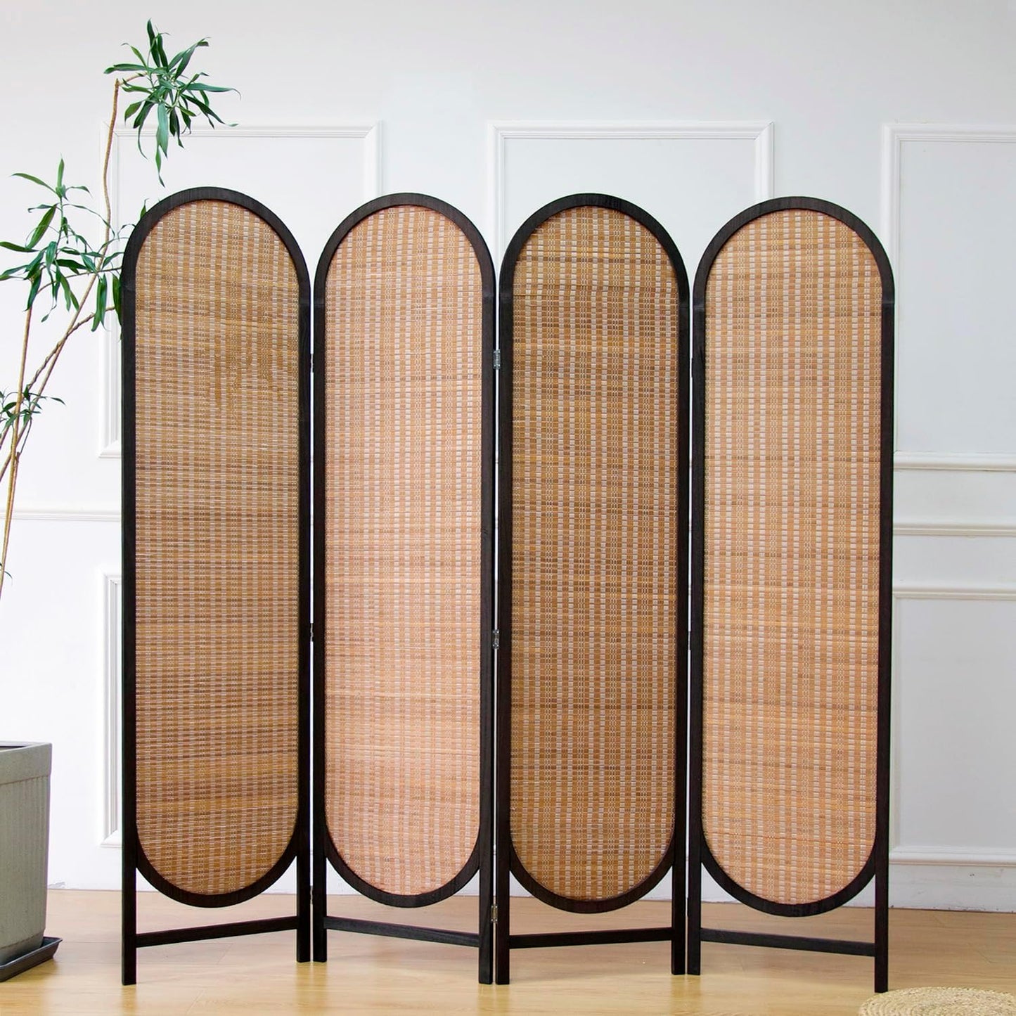 4 Panel Room Divider Screen and Folding Panel Divider in Arch Shape,Double Sided Bamboo Panel Screen for Room Separation,Brown,70.9" H x 70.9" W