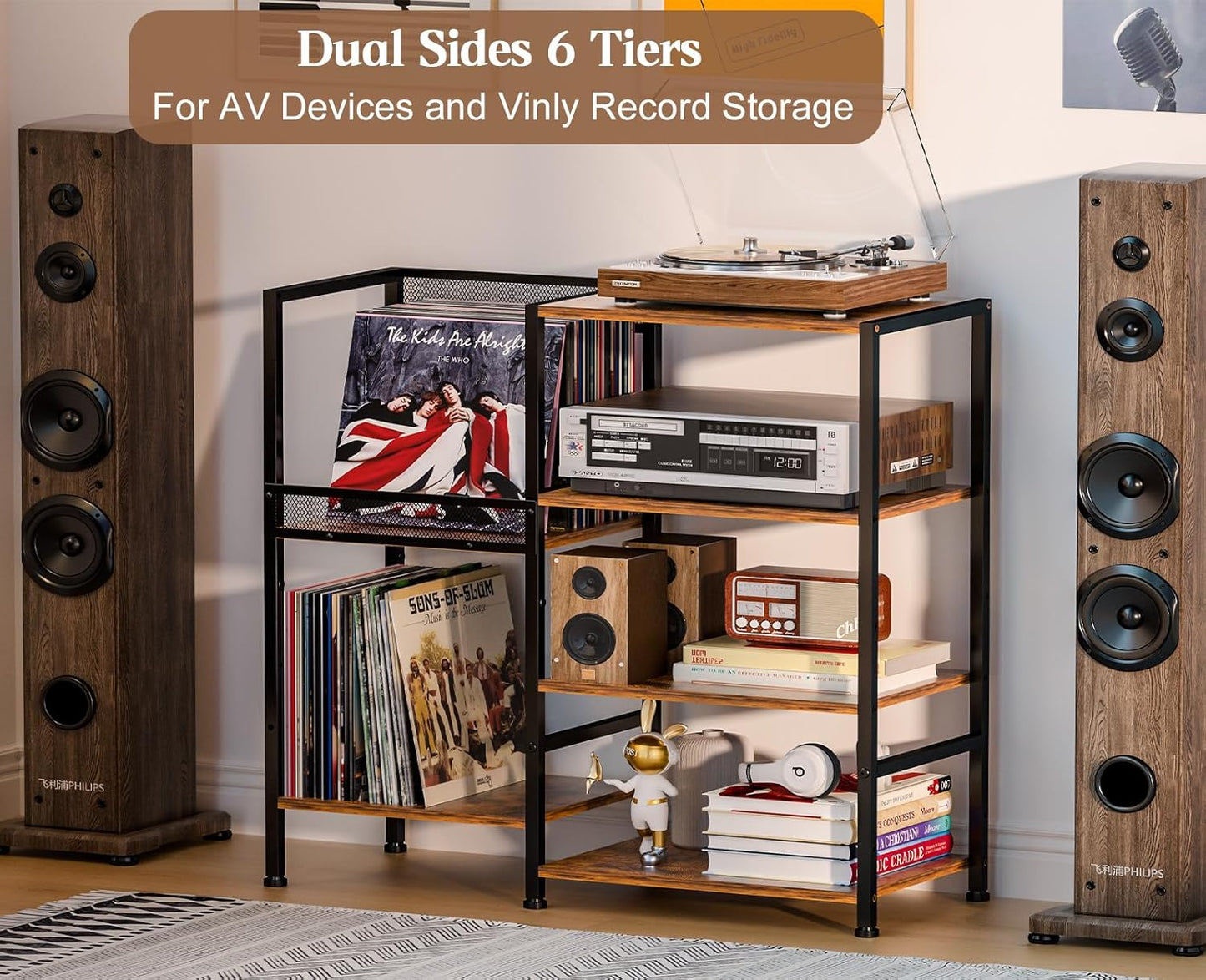 Record Player Stand Table with Vinyl Record Storage Holder-Up to 200+ Albums, Small Media Cabinet Console Table Stereo Stand Tower, Audio Video Shelving/Turntable Stand Shelf for Entertainment Center