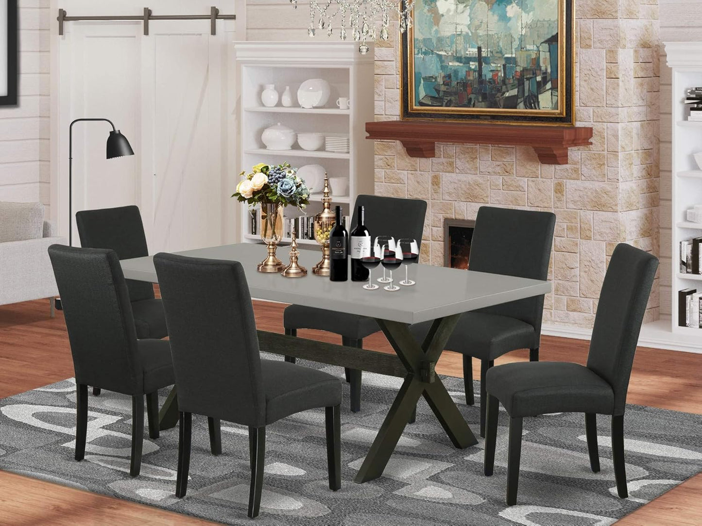 East West Furniture X697DR124-7 7 Piece Dinette Set Consist of a Rectangle Dining Room Table with X-Legs and 6 Black Color Linen Fabric Upholstered Parson Chairs, 40x72 Inch, Multi-Color