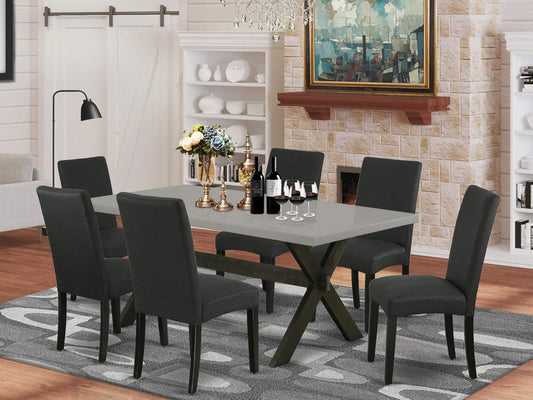 East West Furniture X697DR124-7 7 Piece Dinette Set Consist of a Rectangle Dining Room Table with X-Legs and 6 Black Color Linen Fabric Upholstered Parson Chairs, 40x72 Inch, Multi-Color