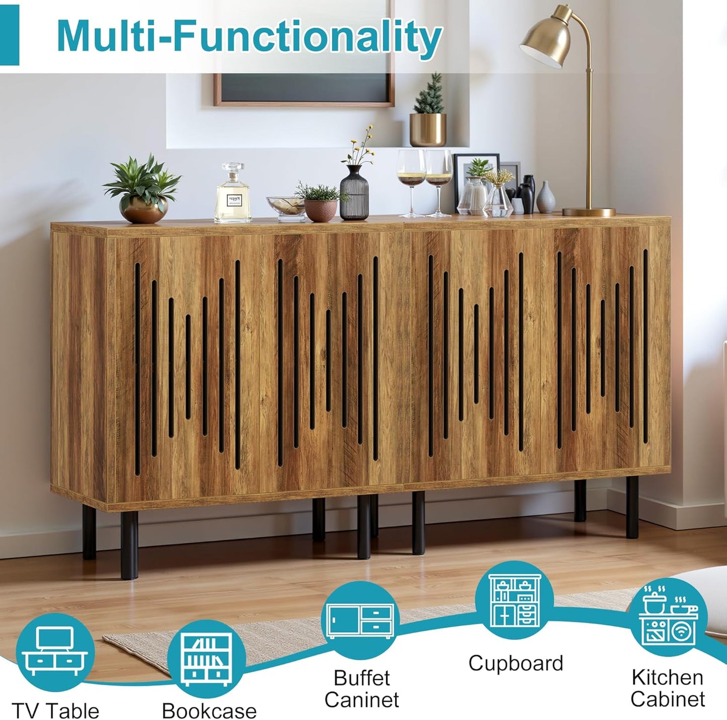 59" Sideboard Buffet Cabinet with Storage, Kitchen Buffet Storage Cabinet Set of 2, Modern Sideboard with Doors & Adjustable Shelves for Living Room, Kitchen, Hallway, Brown