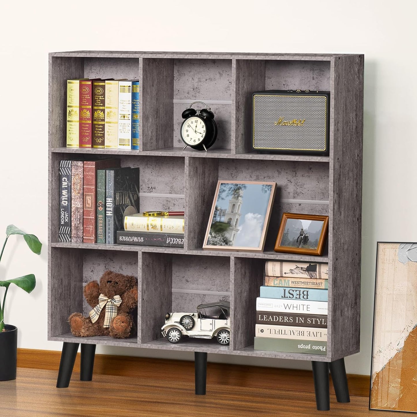 LEYAOYAO 8 Cube Bookshelf,Farmhouse Bookcase with Legs,Modern Dirty Grey Mid-Century Bookshelves,Large 3 Tier Open Storage Organizer Shelf, Retro Wood Display Book Case