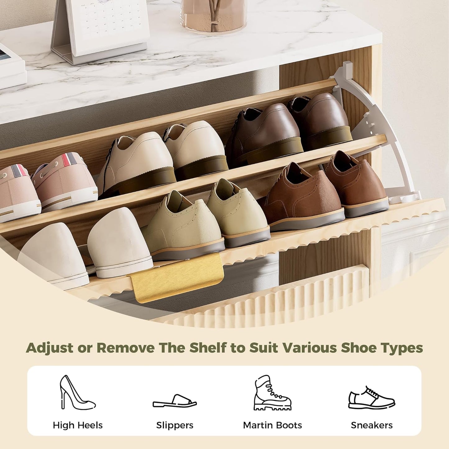 IRONCK Shoe Storage Cabinet with 3 Flip Drawers, Fluted Shoe Cabinet Storage for Entryway, Free Standing Wooden Shoe Organizer Cabinet for Hallway, Natural Oak