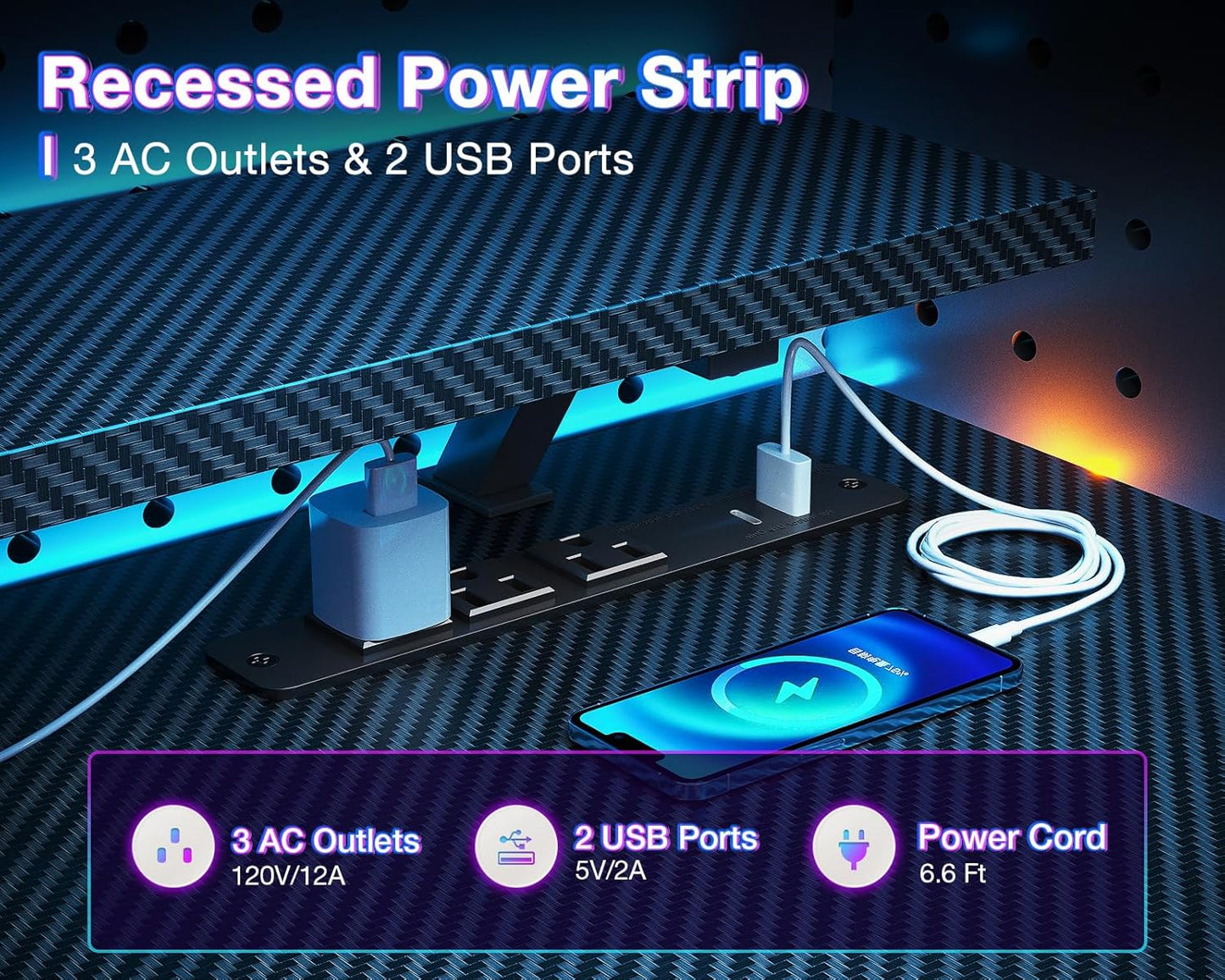 ODK Reversible 55 Inch Gaming Desk with USB Charging Port and LED Lights, Computer Desk with Storage Shelves and Monitor Stand, Study Table for Home Office, Morden Desk for Bedroom, Carbon Fiber Black