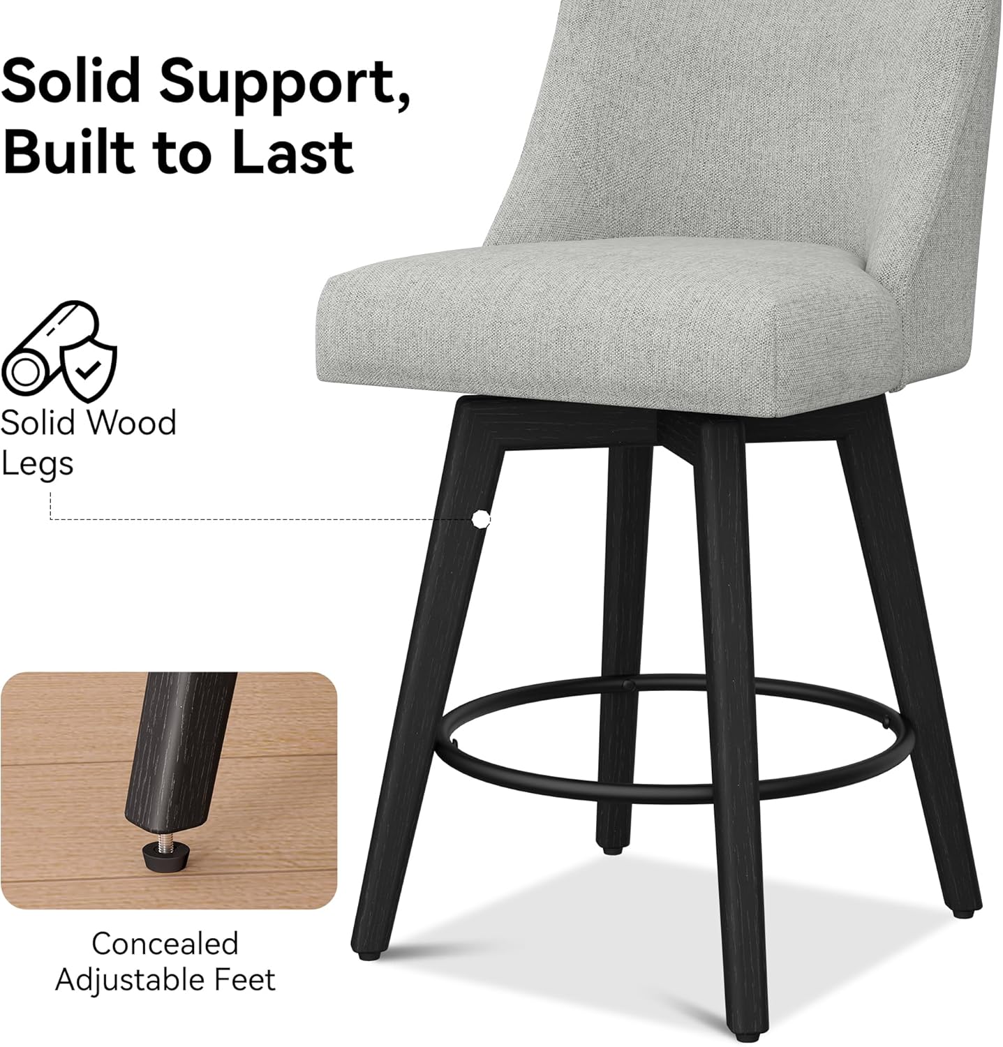 Counter Height Bar Stools Set of 8, Modern Swivel Barstools with Back and Wood Legs, Linen Fabric Upholstered Bar Chairs, 26" H Kitchen Counter Stools, Kitchen Island Home Bar, Light Grey