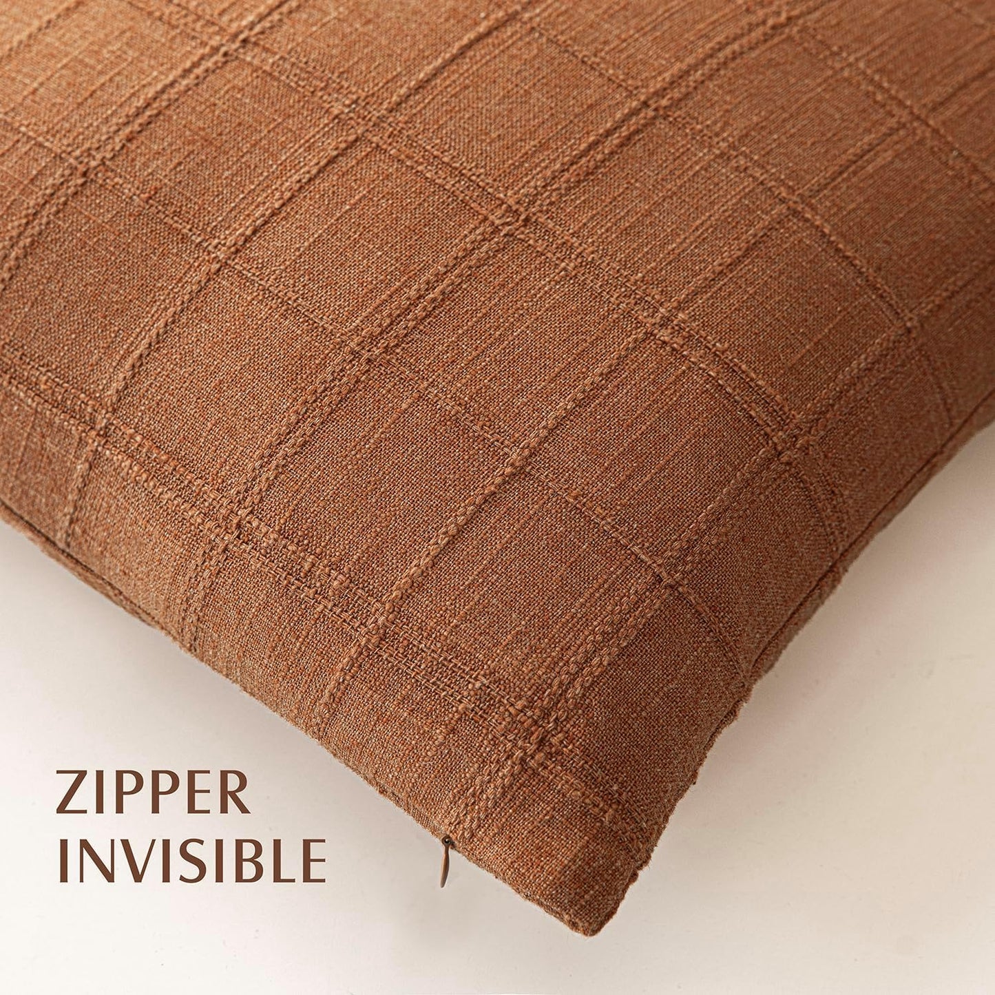 Foindtower Set of 2 Decorative Linen Check Throw Pillow Covers Neutral Farmhouse Vintage Cushion Covers Modern Boho Home Decor for Sofa Chair Couch Bedroom Living Room Outdoor,26×26 Inch,Orange