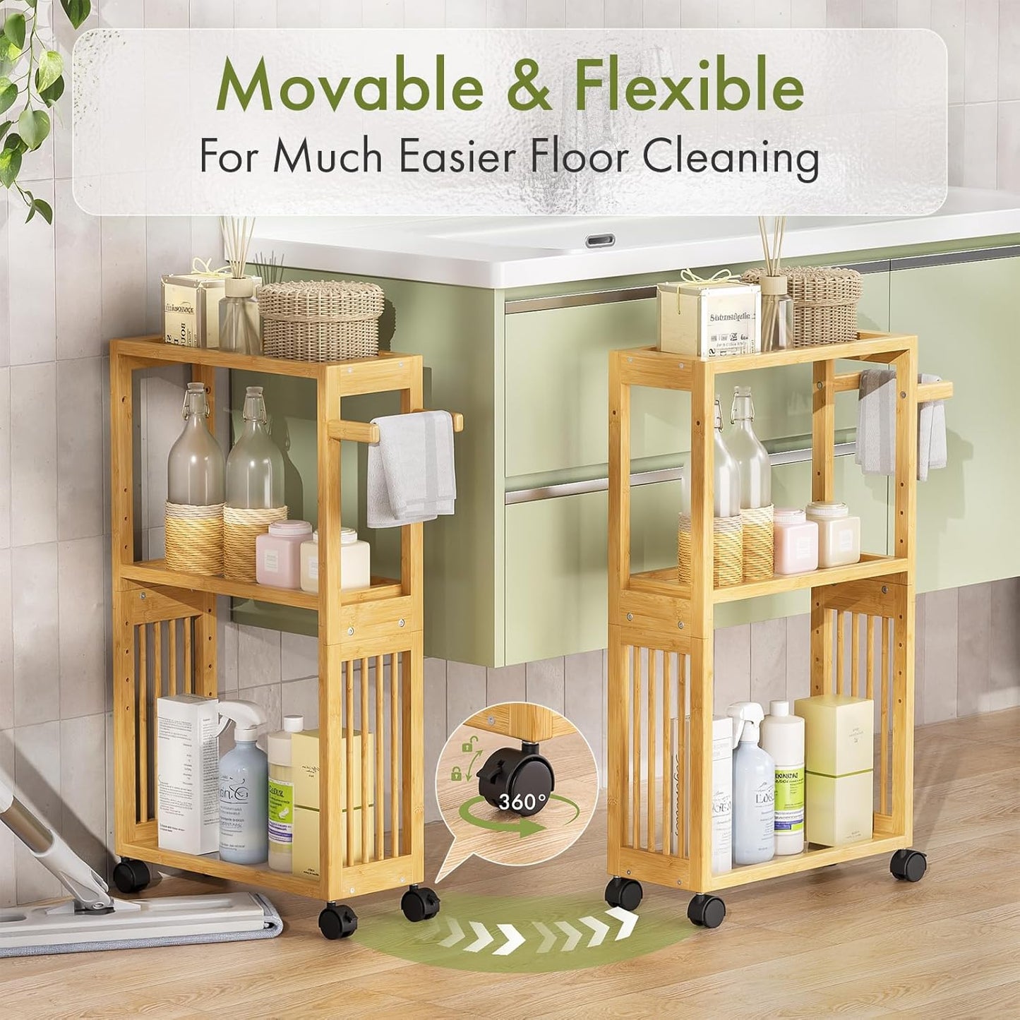 AmazerBath Slim Toilet Paper Holder with Storage Shelf Bamboo - Small Bathroom Storage Cabinet Next to Toilet, Skinny Shelf for Small Spaces, 3 Tier Rolling Stand for Bathroom Kitchen, Natural Color