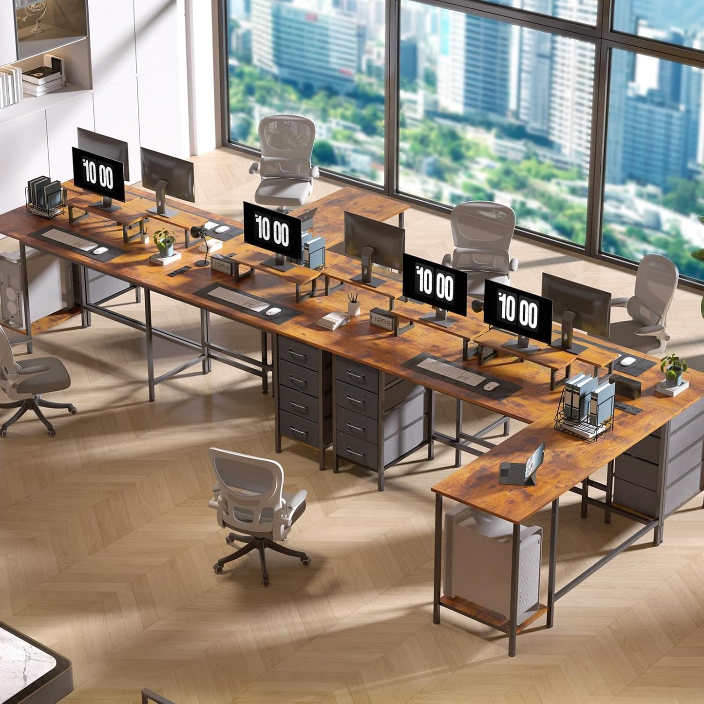 66" L Shaped Computer Desk with Power Outlets, Home Office Desk with 4 Adjustable Storage Drawers & 2 Monitor Stands, Large Two Person Gaming Table for Writing Study, Rustic Brown