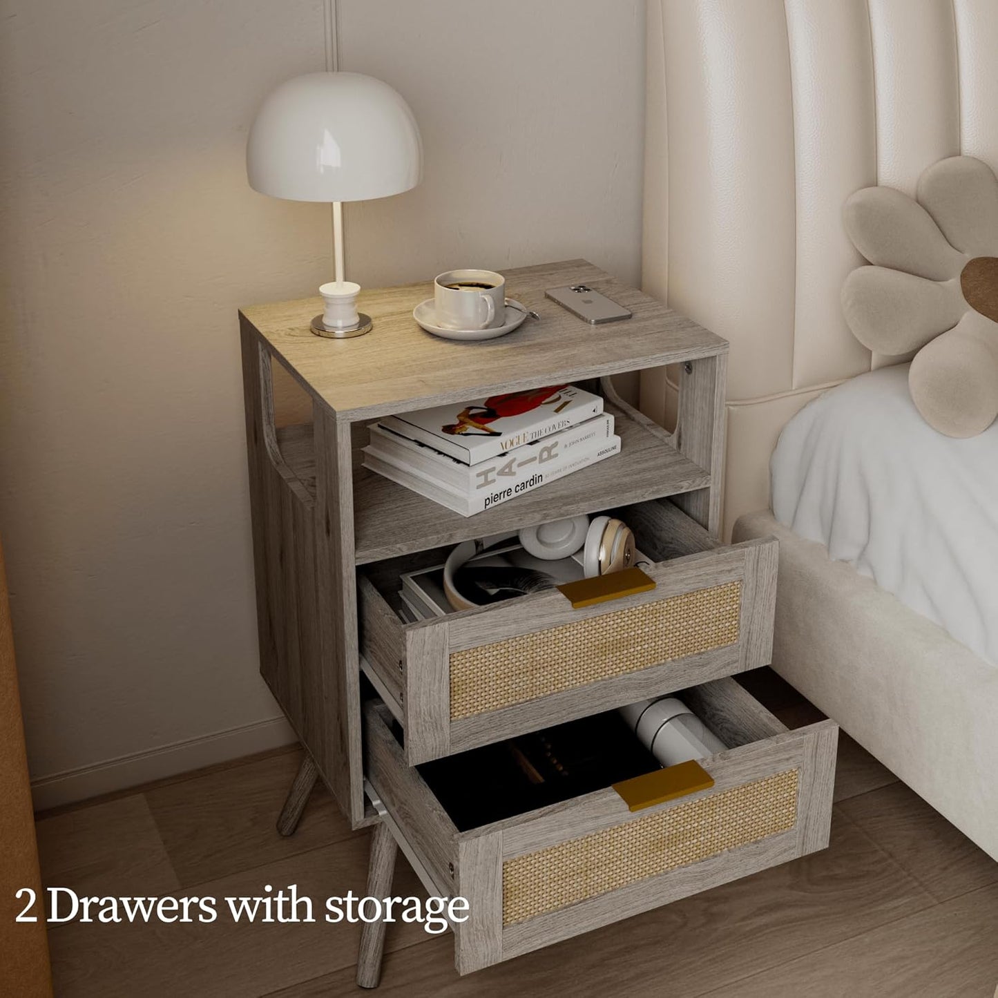 Rattan Nightstand,Farmhouse Bedside Table with 2 Storage Drawer and Open Wood Shelf, for Bedroom and Small Spaces,Night Stand with Solid Wood Legs (Grey Oak)