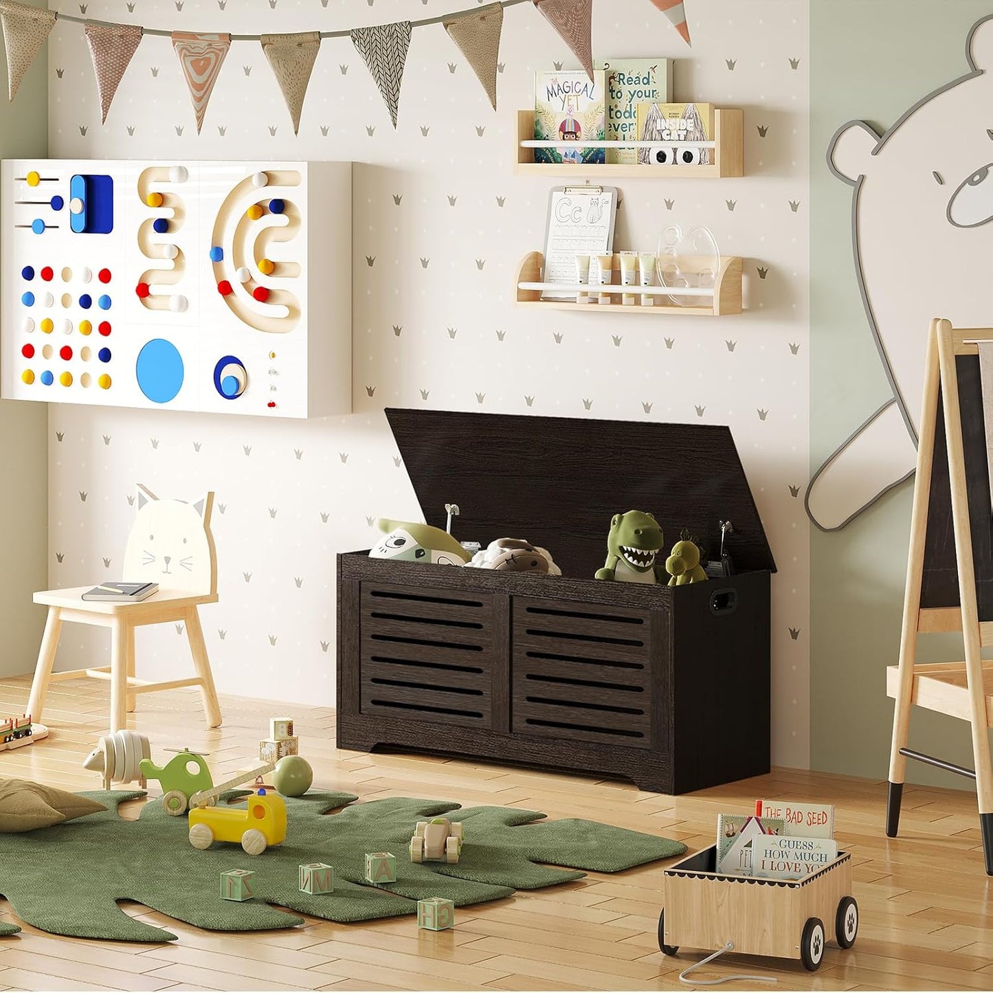 DINZI LVJ Storage Chest, 43.3” Wooden Toy Box with 2 Safety Hinges, Retro Entryway Shoe Storage Bench with Flip-Top, Sturdy Large Storage Trunk for Living Room, Bedroom, Easy Assembly, Espresso