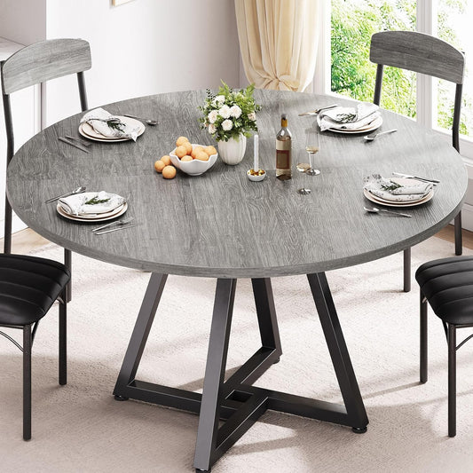 42“ Round Kitchen Dining Room Table for 2-4, Circle Dining Dinner Table with Pedestal Metal Frame, Space Saving Wood Industrial Furniture for Small Space (Grey, 42IN)