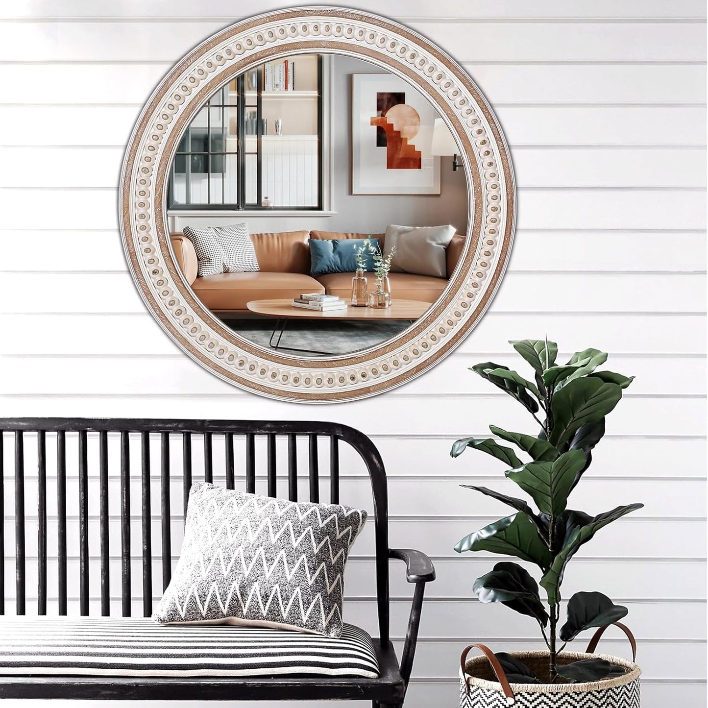 32'' Boho Wooden Large Round Wall Mirrors, Rustic Farmhouse Circle Mirrors Decorative Mirrors for Bathroom, Bedroom Over Sink, Living Room, Entryway