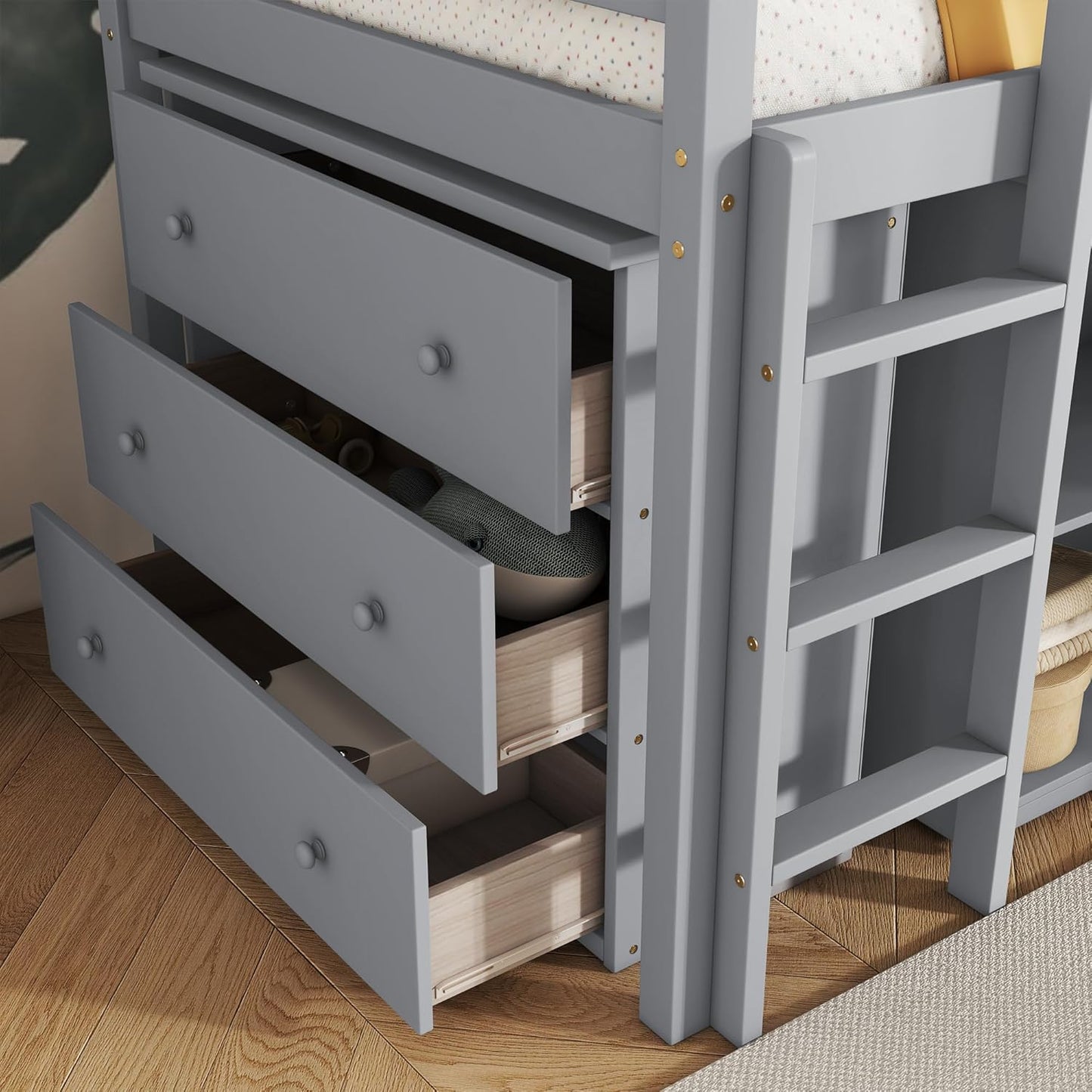 KEIKI Twin Size loft Bed with Pull-Out Desk & Drawers & Open Shelves, Wood Loft Bed with Guardrail, Low Twin Bed for Kids, Grey