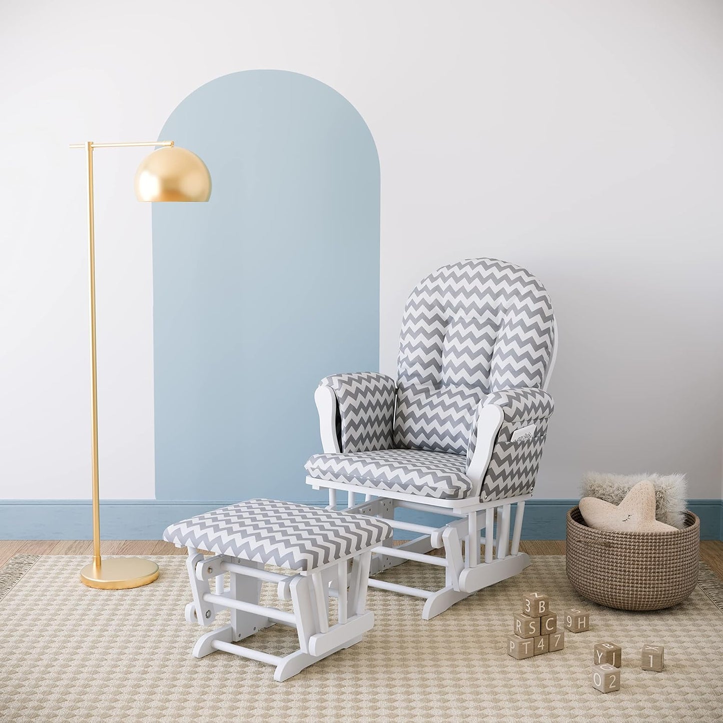 Storkcraft Premium Hoop Glider & Ottoman (White/Gray Chevron) — GREENGUARD Gold Certified Nursery Glider, Solid Wood Craftsmanship, Smooth-Gliding Nursery Chair and Ottoman, Award-Winning