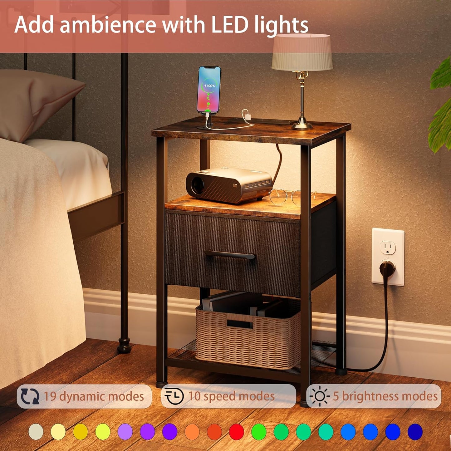 Nightstands Set of 2 with Charging Station and Drawer, End Table Bedside Table with 20 Colors LED Light Strip and 2 Layers Shelf for Bedroom Living Room (Rustic Brown)