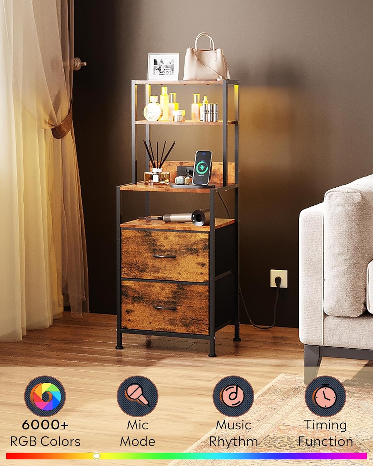 WLIVE Nightstand Set of 2 with Charging Station, LED Night Stand Sets with 2 Drawers and 4 Storage Open Shelves, Fabric Dressers for Bedroom, Rustic Brown