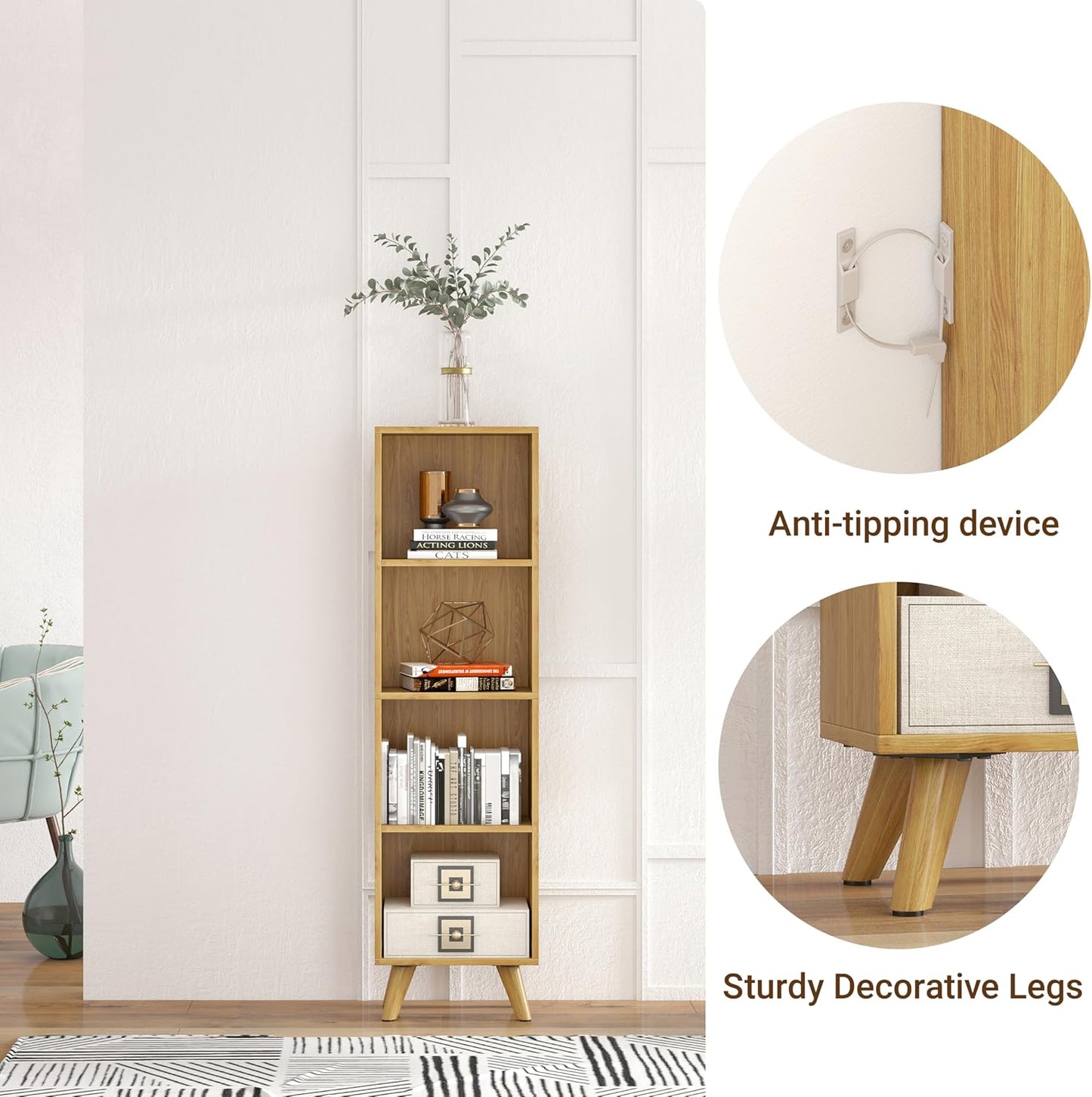 Manora Small Bookcase with 4 Open Shelves, Modern Bookshelf with Wooden Legs, Narrow Storage Organizer for Living Room, Bedroom, Office, Oak