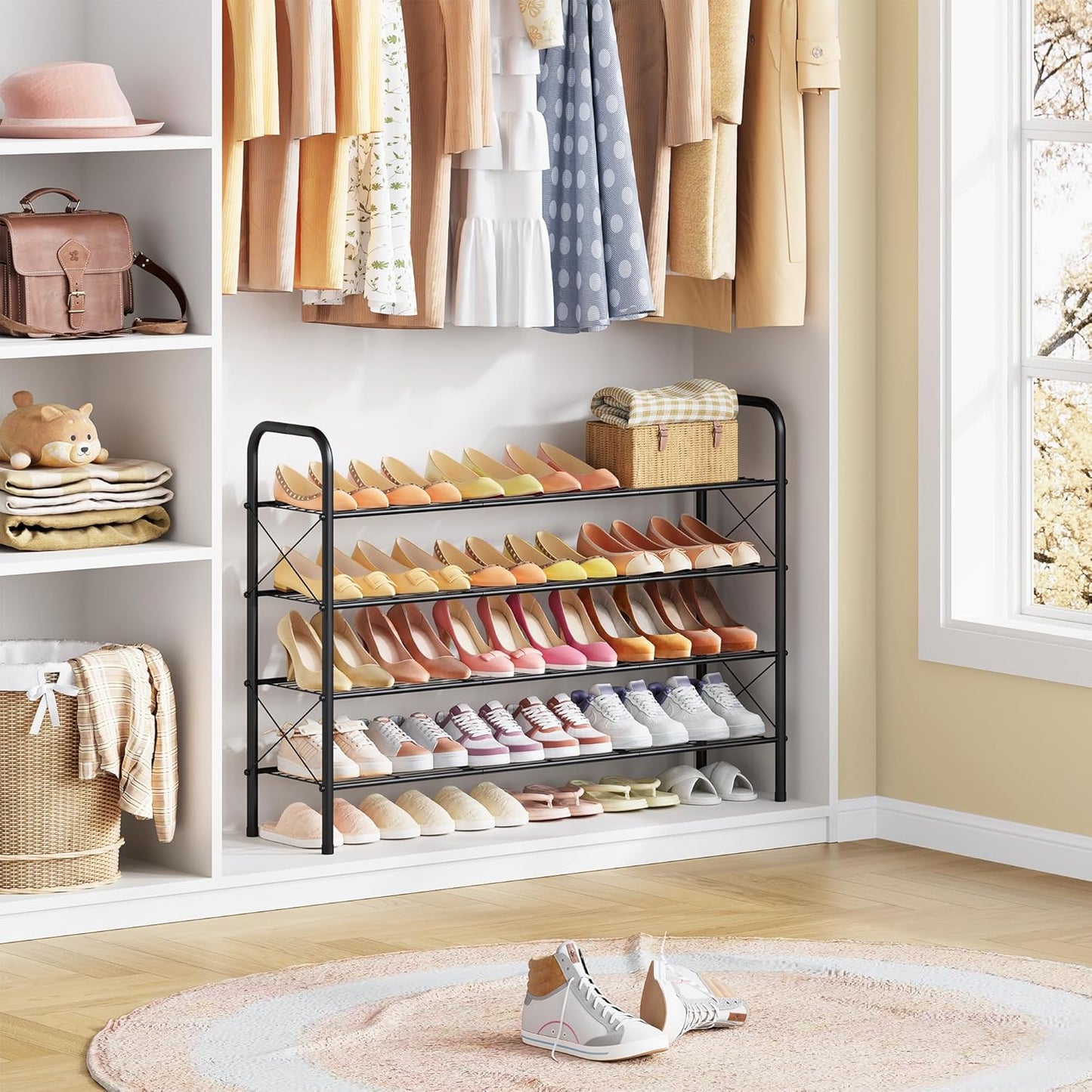 Hoctieon 4 Tier Mesh Style Shoe Rack, Entryway Shoe Shelf, Shoe Storage Organizer, Shoe Rack for Closet, Space Save for Bathroom, Garage, Hallway, Bedroom, Living Room, Black