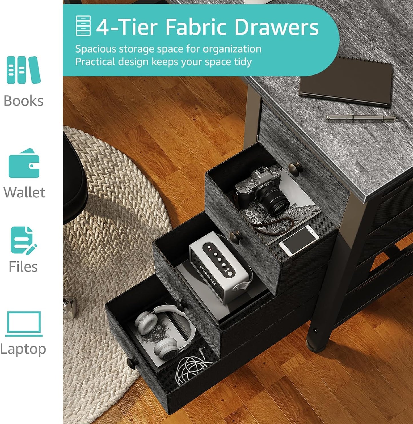 Lufeiya Small Gaming Desk with 4 Fabric Drawers, 40 Inch Kids Girls Teen Cute Study Desk for Bedroom, Work Computer Writing Table Desks for Small Space Home Office, Gray