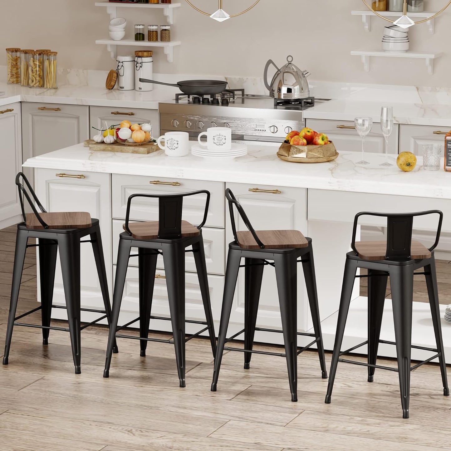 26 Inch Swivel Bar Stools Set of 4 with Backs Counter Height Industrial Metal Barstools Island Bar Chairs for Home Kitchen Dining Room (Swivel 26 inch,Matte Black Wooden)