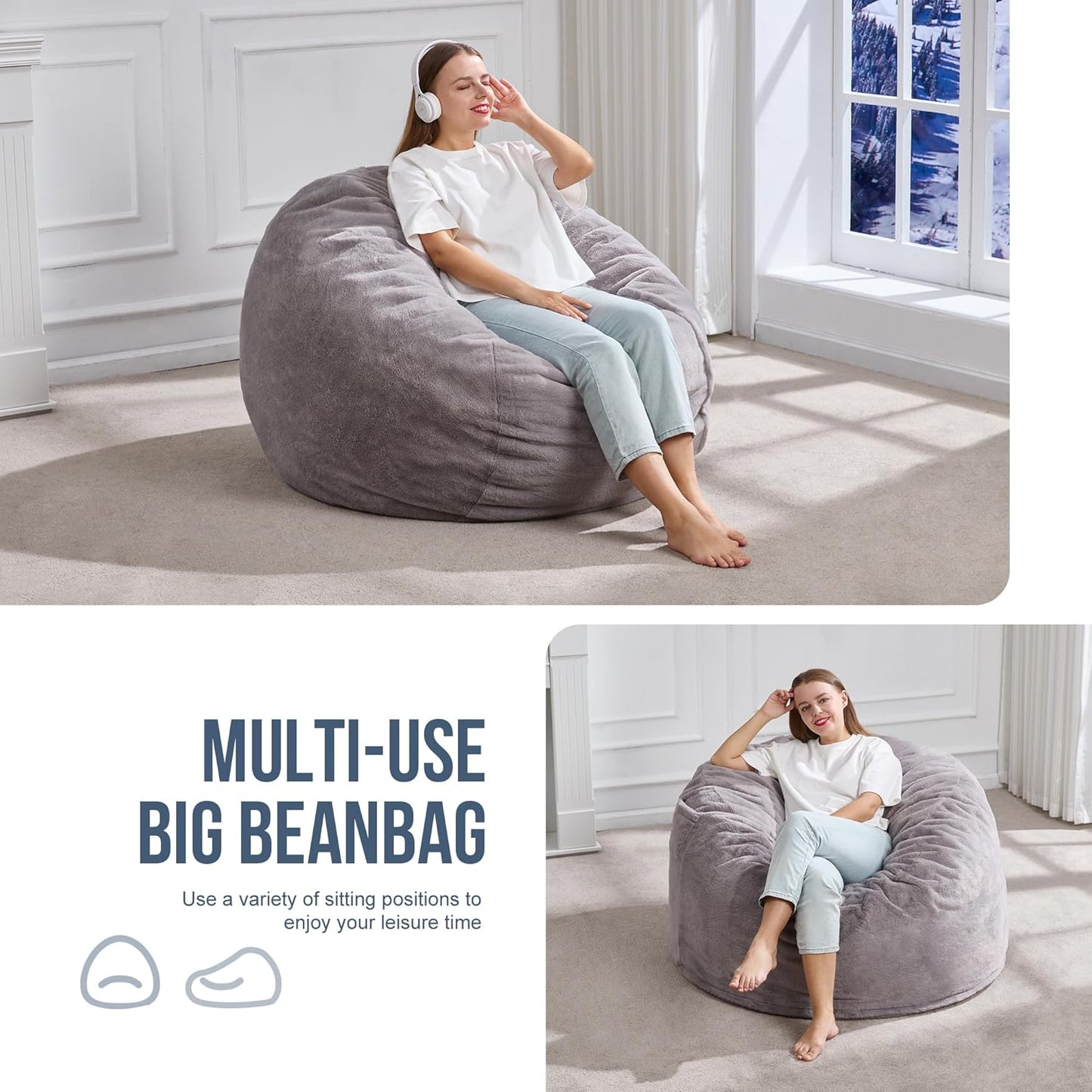 Hobestluk 3ft Bean Bag Chairs for Adults Large Beanbag Chair with Plush Faux Fur Cover Big Bean Bag Chair for Living Room Bedroom Dorm Office - Grey (36” x 36” x 22”)