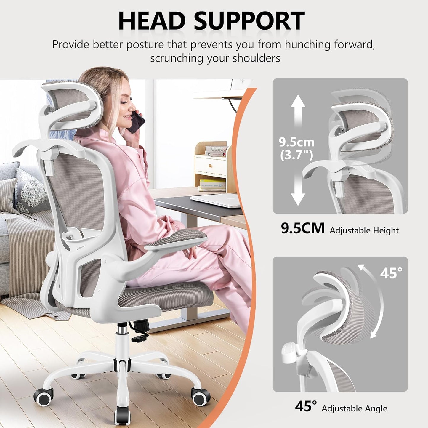FelixKing Office Chair with Headrest, Ergonomic Desk Chair with Wheels, Task Swivel Comfy Chair with Adjustable Lumbar Support, Breathable Mesh Computer Chair with flip-up Armrests for Home (Gray)