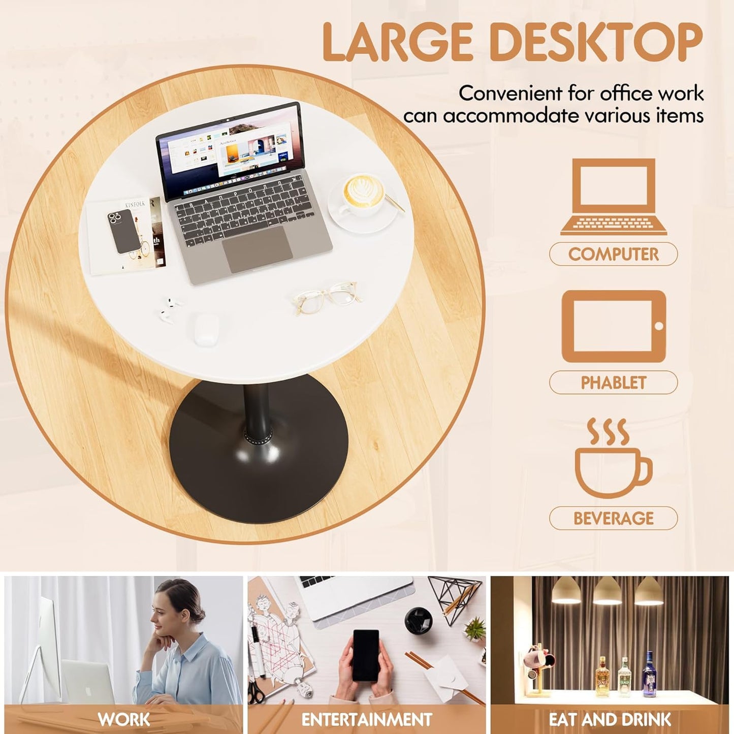 Shahoo Round Bar Table, Cocktail Tables with Metal Base & MDF Top, for Bistro Pub, Cafe, White