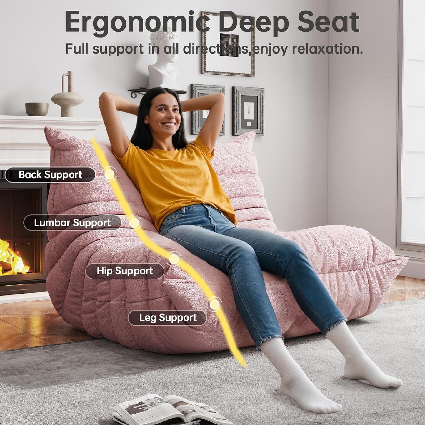 Bean Bag Chairs for Adults, BeanBag Reading Chair Memory Foam Couch, Floor Chair Soft Teddy Material, Comfy Reading Nook Chairs for Bedroom Living Room Office (Pink)