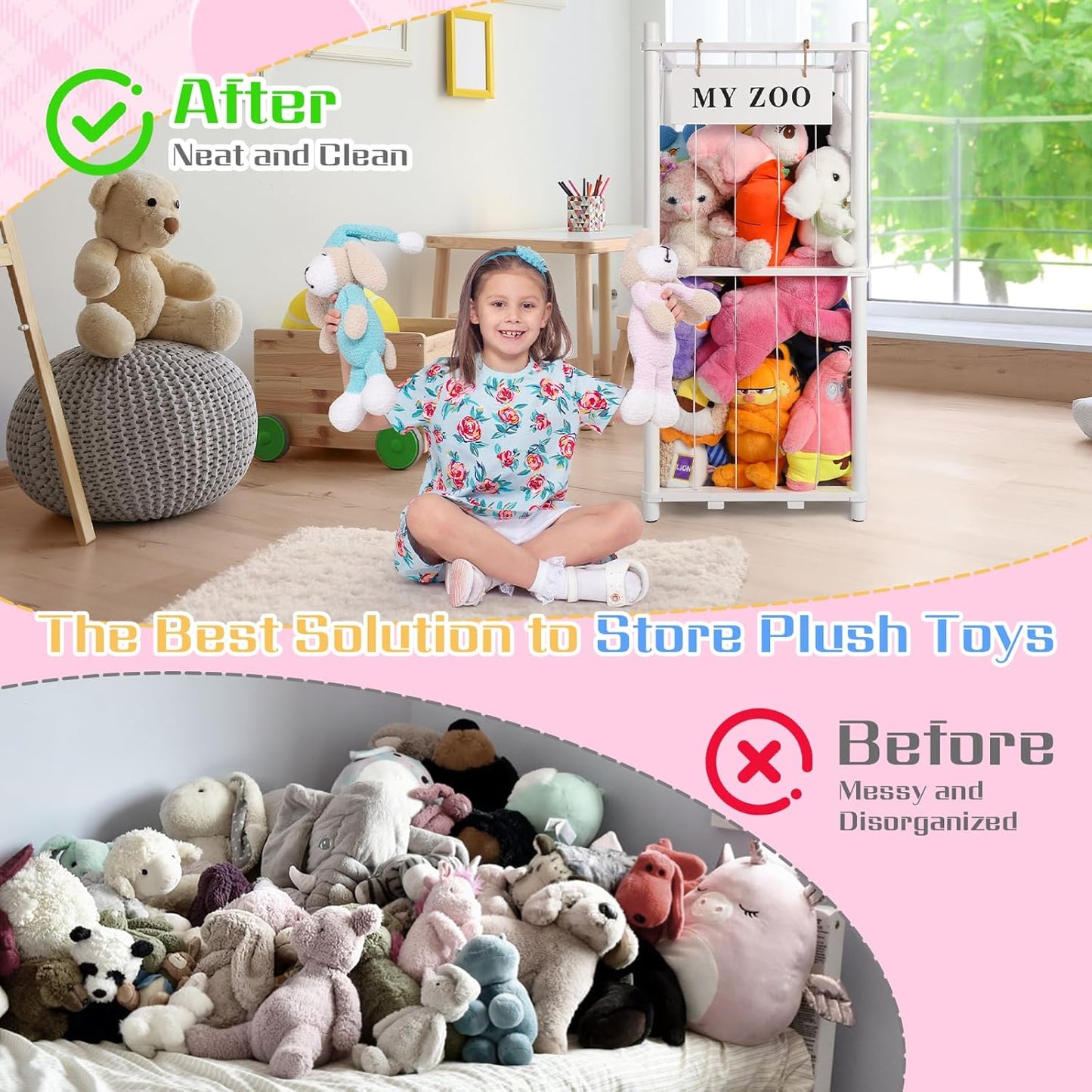 Stuffed Animal Storage Zoo, Wooden Stuffed Animal Organizer with Elastic Cords for Boys Girls, Space Saving Toy Plushies Storage Holder for Playroom, Bedroom, Living Room (White, Small)