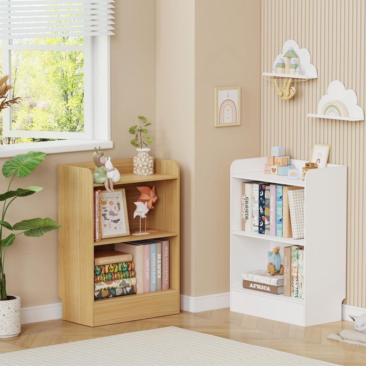 Lkeiyay Kids Bookshelf and Toy Storage Organizer, 3-Tier Wood Montessori Shelf for Bedroom, Playroom, Nursery, Classroom (Natural)