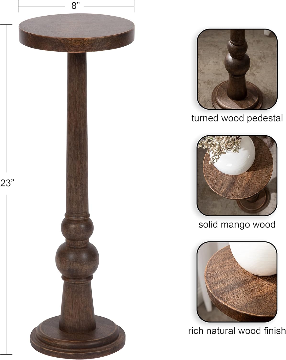 Kate and Laurel Wegner Traditional Wooden Round Drink Table, 8 x 23, Rich Brown, Elegant and Durable Pedestal Table for Use as Small Drink Table, Plant Stand, or Decorative Item Display