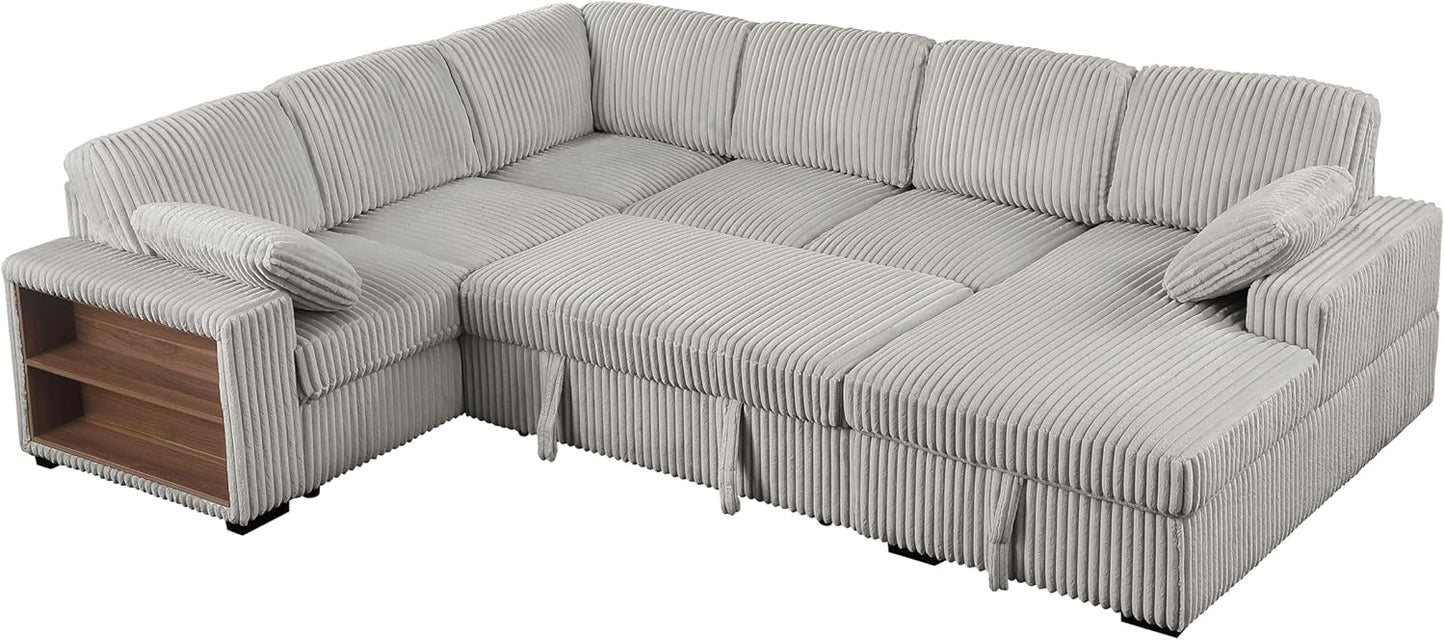 Eafurn Oversized U Shaped Convertible Sleeper Sectional Sofa w/Pull Out Couch Bed, 6 Seater Corduroy Upholstered Corner Lounge Sofa Couch Sleeper Sofabed w/Storage Chaise,Shelves