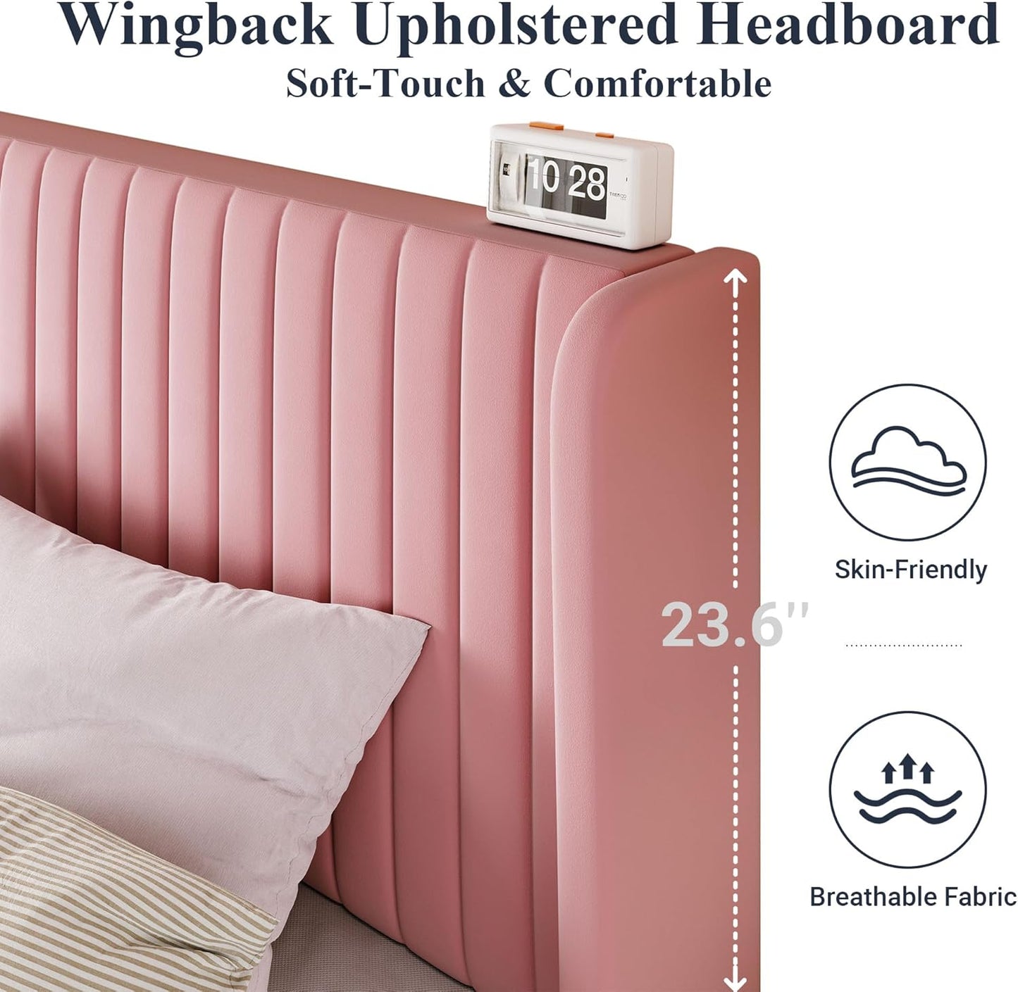 Allewie King Size Velvet Bed Frame/Vertical Channel Tufted Wingback Headboard/Upholstered Platform Bed/Strong Wooden Slats/No Box Spring Needed/Easy Assembly/Pink