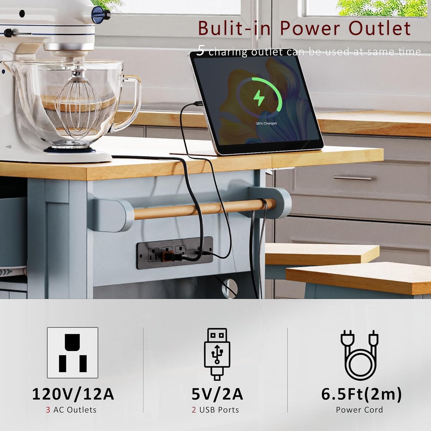 YOTPO 53" Large Kitchen Island with Drop Leaf,Power Outlet & Door Internal Storage Rack,Rolling Kitchen Cart on 5 Wheels W/ 5 Open Side Racks for Kitchen,Dining Room,Grey Blue(Not Include bar stools)