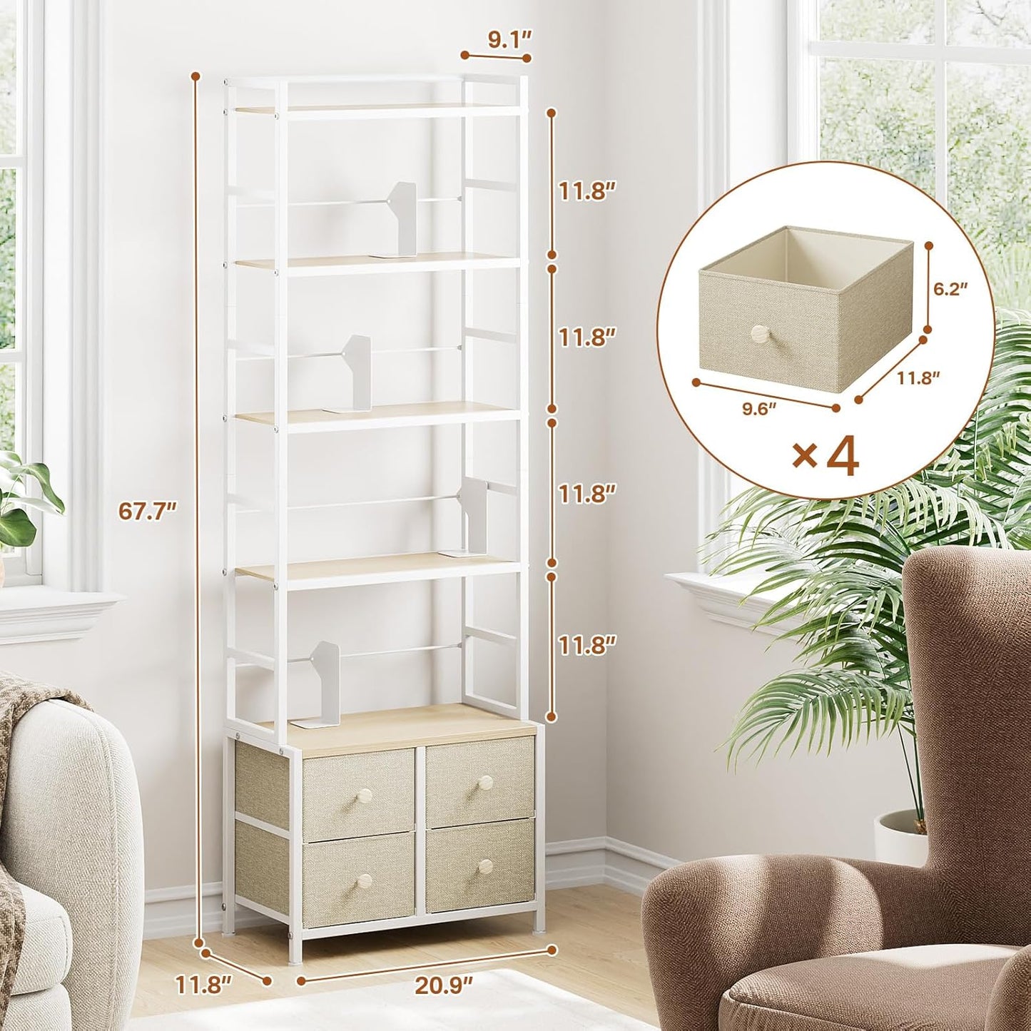 5 Tier Bookshelf, Modern Bookcase with Bookends and 4 Drawers Storage Organizer, Metal Industrial Display Shelf, Free Standing Storage Shelving Unit for Bedroom, Living Room and Home Office