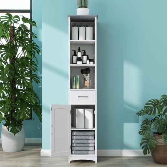 Tall Bathroom Storage Cabinet - 13" Narrow Slim Cabinet with Adjustable Shelves & Anti-Fall Drawers, Freestanding Linen Closet Organizer (Matte White & Grey Top, 64" Tall Cabinet with Doors)